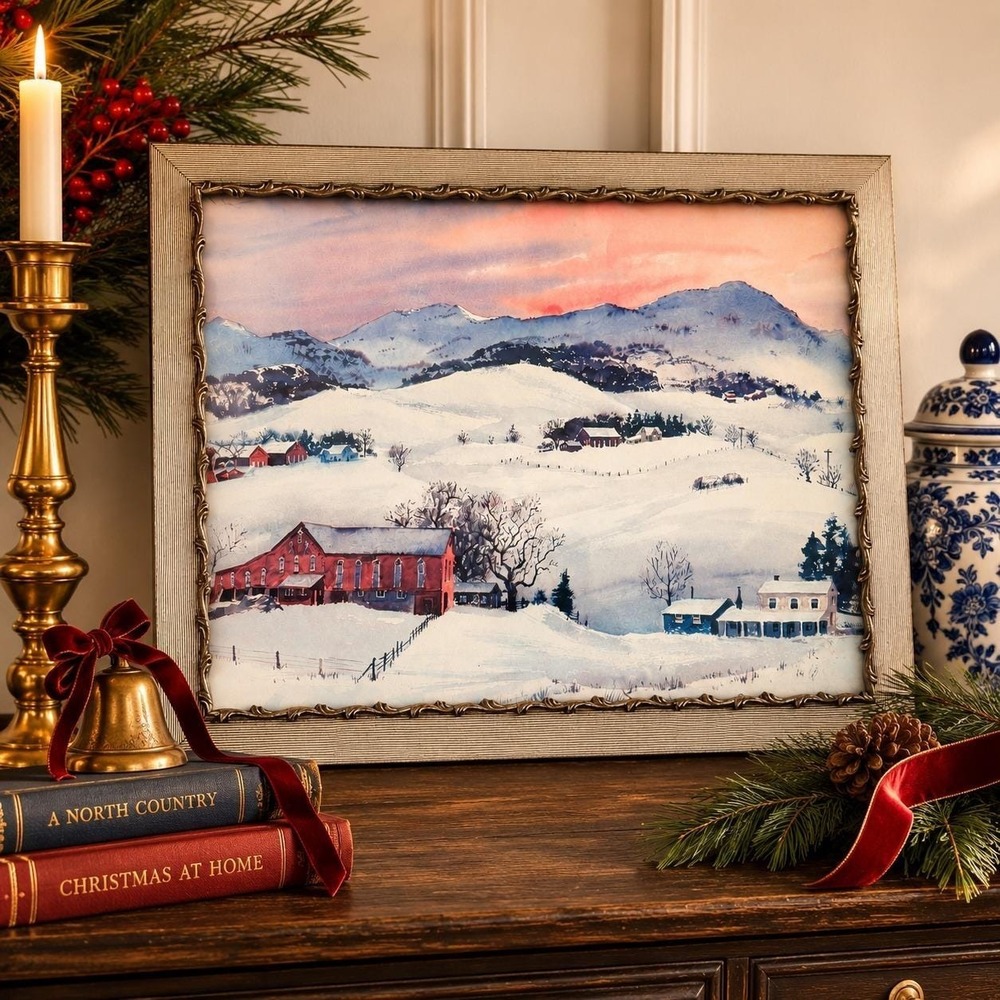 Vintage Winter Farmhouse Print - Ornate Silver Frame Snowy Mountain Sunset Art